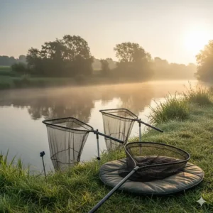 Dual keepnet setup and a fine mesh landing net meeting UK fishery regulations.