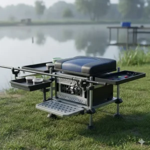 Professional match fishing seatbox with integrated footrest and side trays for a commercial fishery setup.