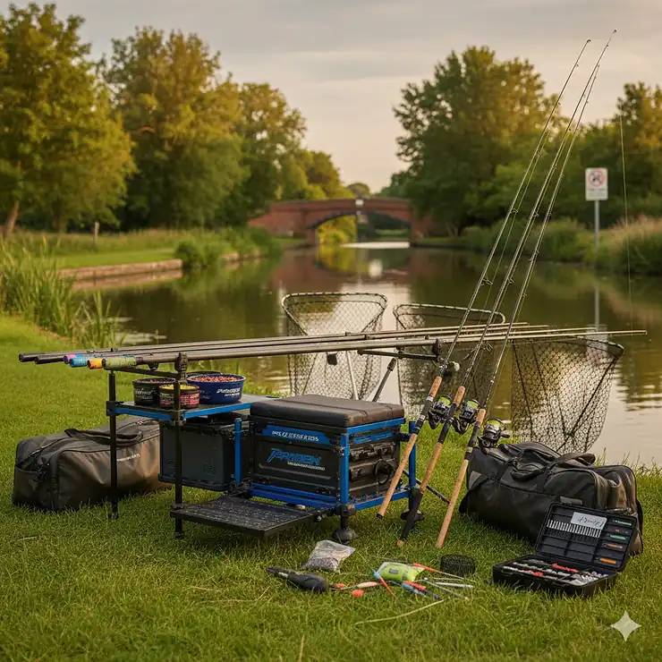 A complete match fishing tackle list layout featuring a seatbox, carbon poles, and side trays on a British riverbank. match fishing tackle list