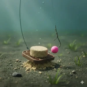 A photorealistic underwater shot of a flatbed method feeder resting on the lake bed with a bright pink wafter hookbait and groundbait breaking down.