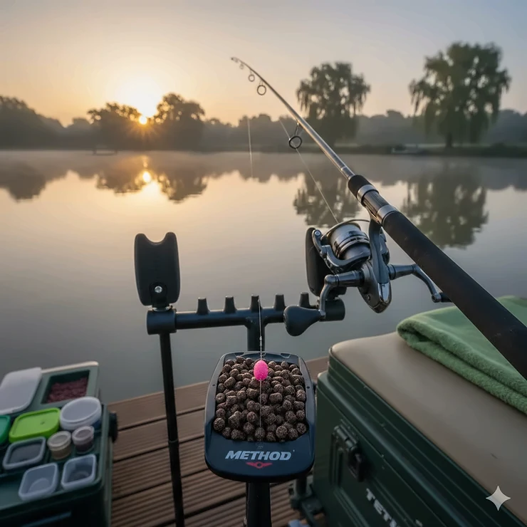 A close-up of a loaded method feeder with softened micro pellets and a pink wafter hookbait ready for commercial carp fishing. micro pellet feeder fishing