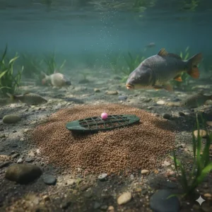 Illustration of micro pellets breaking down on the lake bed to create a concentrated pile of attraction.