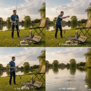 A four-step sequence showing the overhead cast technique for accurately placing a waggler float into a swim at a British lake.