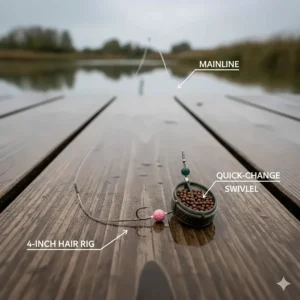 A clear diagram showing a short 4-inch hooklink and hair rig setup for micro pellet feeder fishing.