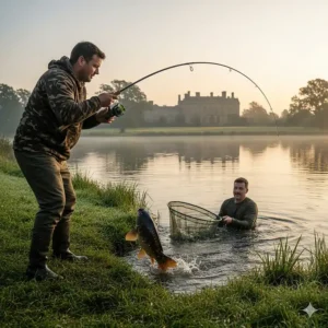 An angler using a 12ft carp rod with a progressive action to play a large mirror carp into a landing net.