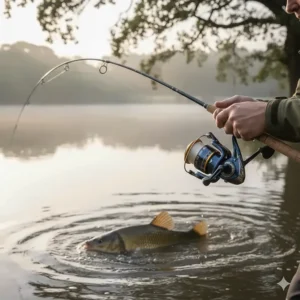 An action shot of an angler using a smooth drag system to play a large tench to the surface of a UK lily-fringed pond.