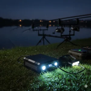 A heavy-duty portable power pack used to charge headtorches and phones during a long night fishing session.