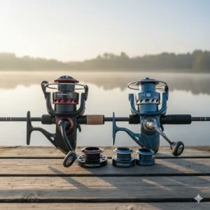 A close-up of Preston ICS inline feeders and Drennan method feeders with bait moulds arranged on a green bait tray with loose pellets.