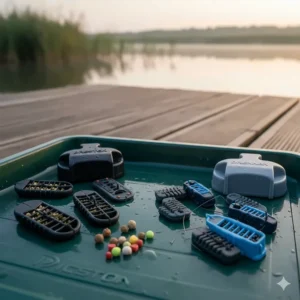A selection of Preston Innovations Competition luggage and Drennan waterproof holdalls and carryalls neatly arranged on a wooden fishing pier.