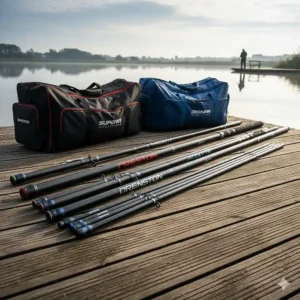 Preston Centris SD and Drennan Series 7 front drag reels mounted on match rods, showcasing the spool designs and handle styles against a misty lake background.