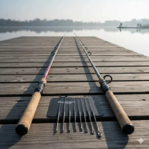 A professional display of Preston and Drennan flagship carbon poles with their respective top kit packages and padded holdalls on a lake-side jetty.