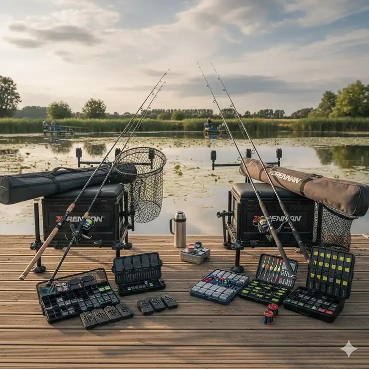 A comparison of a Preston Innovations Absolute station and a Drennan seatbox on a wooden fishery jetty, showing the drawer configurations and footplates. preston vs drennan match tackle