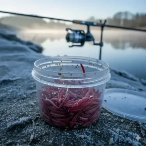 A close-up of vibrant red maggots in a bait tub, a staple winter coarse fishing bait for UK rivers.