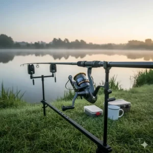 A Shimano Baitrunner reel mounted on a specimen rod and alarm set-up, overlooking a calm British carp fishery at dawn.