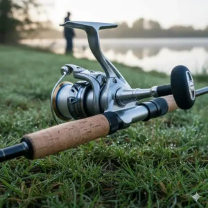 A high-detail close-up of a Shimano rear drag reel on a cork-handle rod, positioned on a dew-covered British riverbank.