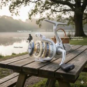 A cutaway diagram showcasing Shimano Hagane cold-forged gearing and X-Ship support systems within a coarse reel.
