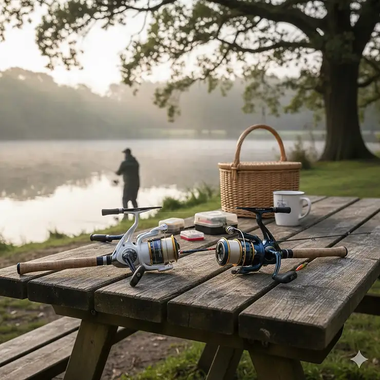 A professional comparison of Shimano and Daiwa coarse fishing reels resting on a wooden picnic bench at a misty UK lake. shimano vs daiwa coarse reels