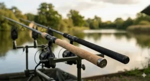 Close-up of a full shrink wrap handle on an affordable carp rod for better grip.