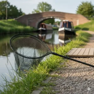 A fine-mesh spoon landing net with a long handle, essential for reaching fish over canal sedges and reeds.