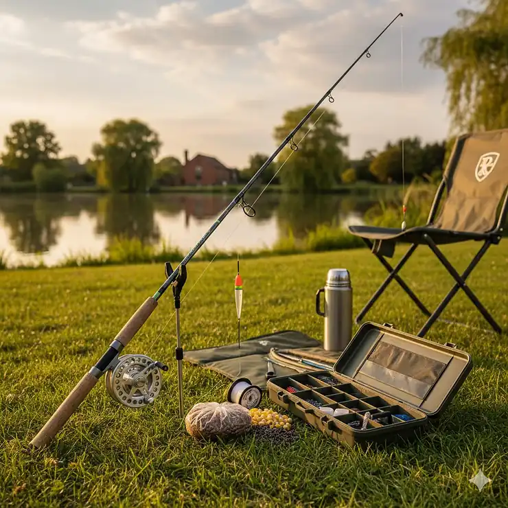 A comprehensive summer float fishing setup featuring a carbon rod, centrepin reel, and tackle box arranged on a lush grass bank at a UK coarse fishery. summer float fishing setup UK