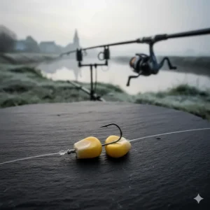 Two grains of bright yellow sweetcorn on a fine wire hook, a classic visual bait for winter carp and bream.