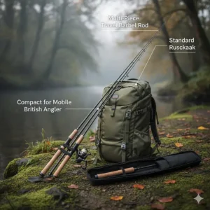 A multi-piece or telescopic travel barbel rod shown next to a standard rucksack for the mobile British angler.