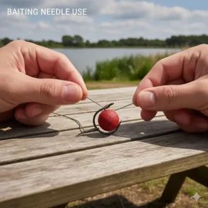 A close-up showing a baiting needle threading a spicy squid boilie onto the hair loop of a coarse fishing rig.