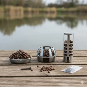 A comparison of pellet feeders, hybrid feeders, and method feeders used on UK commercial fisheries.