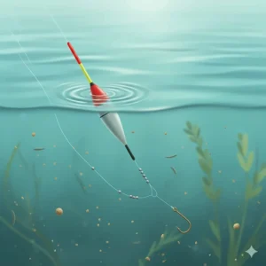 A detailed underwater view of a peacock waggler float rig with a specific shotting pattern and a single hookbait, typical of UK coarse fishing.