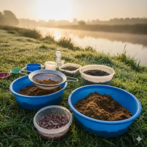 Waterproof bib and brace set next to a large holdall designed for carrying rods and poles.