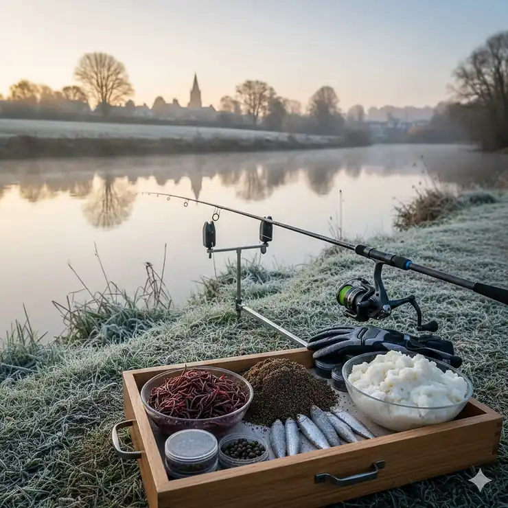 A selection of winter coarse fishing baits including red maggots and bread mash on a frosty riverbank in the UK. winter coarse fishing baits UK