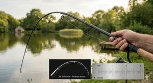 A photorealistic close-up of a 12ft carp rod under tension showing a 3lb test curve and parabolic action, with an integrated technical performance diagram.