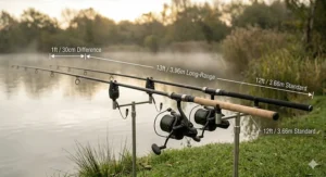 Side-by-side comparison showing the length difference between standard 12ft and 13ft carp rods.