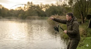 An angler performing a powerful overhead cast using a 13ft carp rod for long-distance accuracy.