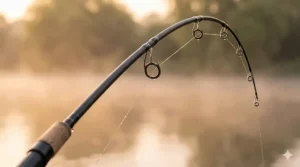 Detailed photorealistic close-up of a 2.75lb test curve carp rod showing a progressive bend profile under load.