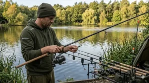 A powerful 3.5lb test curve rod being prepared for long-distance casting on a large gravel pit.