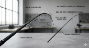 Diagram showing the fast action taper of a 3.5lb test curve rod designed for maximum distance.