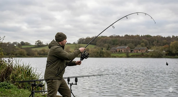 A high-performance 3.5lb test curve carp rod being used for distance casting on a UK specimen lake. 3.5lb test curve rods for distance