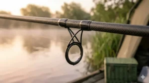 Detailed view of a 50mm butt ring guide on a 2.75lb test curve rod to aid long-distance casting.