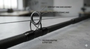 Close-up of a 50mm butt ring on a 3.5lb test curve carp rod to reduce line friction during long casts.