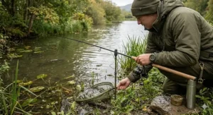 A photorealistic close-up of a UK carp angler intently playing a fish at the edge of a reed-fringed lake, using a 9ft high-modulus carbon stalking rod with a natural cork handle.