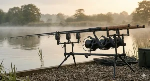 Three big pit reels mounted on carp rods over a set of bite alarms at dawn.