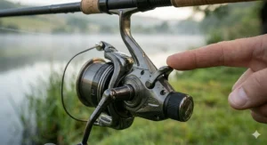 Close-up of the rear-mounted free-spool lever being engaged on a modern specimen reel.