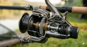 Close-up of the internal drag mechanism and gearing of a high-performance baitrunner reel.