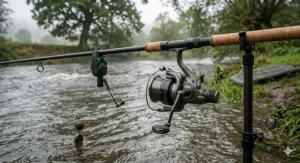 A specialist baitrunner reel setup used for targeting barbel on a fast-flowing UK river.
