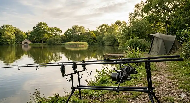 Two modern 12ft carp rods with big pit reels set up on a rod pod by a tranquil British estate lake, including a bivvy and distant boathouse. 12ft carp rods