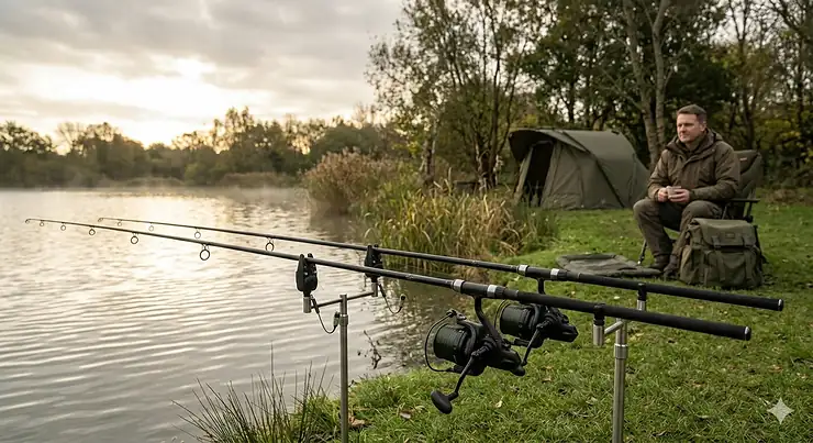 A pair of premium 13ft carp rods resting on stainless steel bite alarms at a British specimen lake. 13ft carp rods
