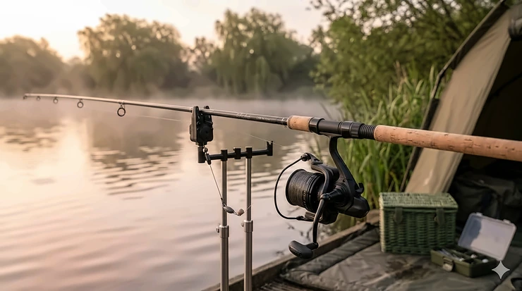 A high-performance 2.75lb test curve carp rod resting on bite alarms at a British lakeside during a misty sunrise. 2.75lb test curve rods