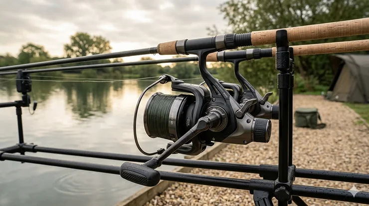 A high-end big pit reel mounted on a cork-handled carp rod at a British lake during a misty sunrise. big pit reels
