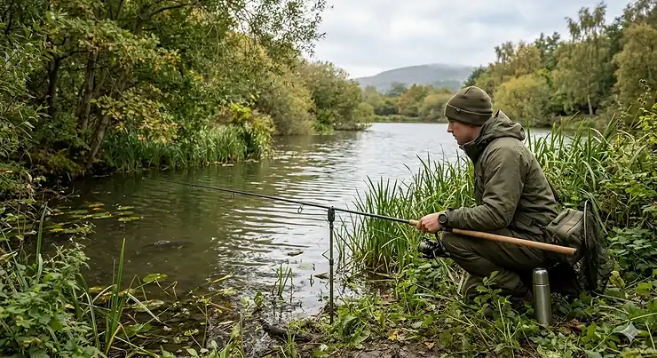A premium 9ft carbon carp stalking rod with a high-test curve leaning against a mossy tree trunk by a British woodland pond, featuring a compact freespool reel and olive green luggage. carp stalking rods